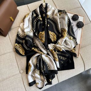 TT310 Elegant Golden Rose Print Satin Scarf in Cream/Black