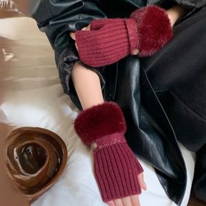 Burgundy Faux Fur Knit Fingerless Button Gloves
