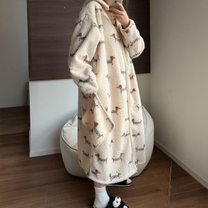 Cream Fluffy Dressing Gown Dachshund Print Long Fleece Robe