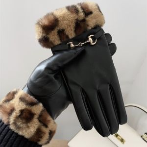 Faux Fur Leopard Trim Eco Leather Gloves with Gold Detail