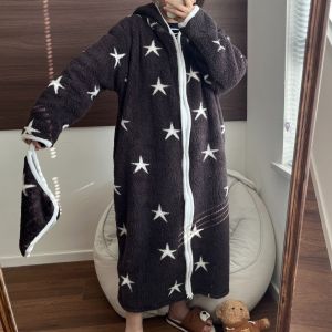 Plush Fleece Hooded Dressing Gown Star Print Robe