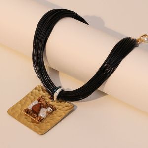 Brown Multi-Strand Cord Gold Pendant Necklaces