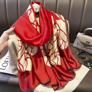 Red & Cream Floral Print Satin Feel Scarf with Brown Edge