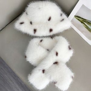 White & Brown Spot Fluffy Bucket Hat & Scarf Set