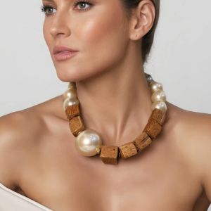 Chunky Faux Pearl & Wooden Bead Necklace