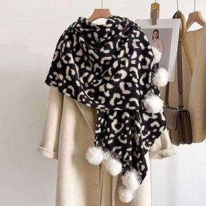 Leopard Print Scarf with Faux Fur Pom Poms