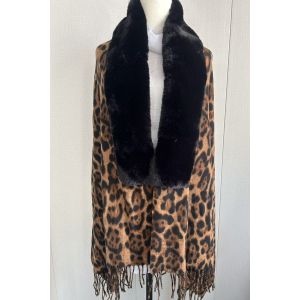 Leopard Print Scarf with Plush Faux Fur Collar & Fringe Trim