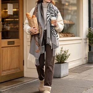 Tiger Print Fringed Wrap Winter Scarf