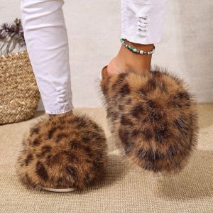 Women’s Leopard Print Fluffy Faux Fur Slippers