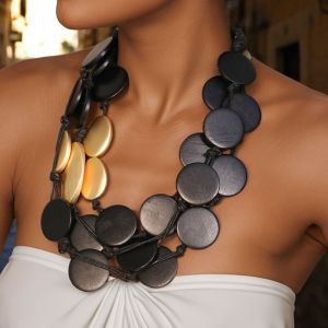 Black Wooden Disks Necklace with Gold Details
