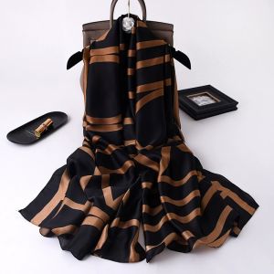 Elegant Black & Chocoalte Geometric Pattern Satin Feel Scarf