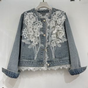 Lace & 3D Floral Applique Embellished Denim Jacket