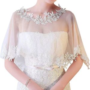 White Lace Bridal Capelet Sheer Tulle Shawl with Floral Applique