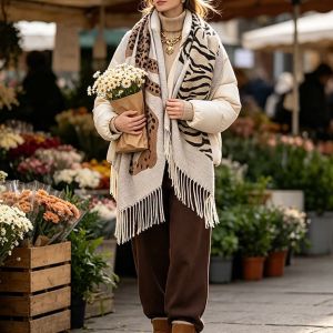 Tiger Print Fringed Wrap Winter Scarf