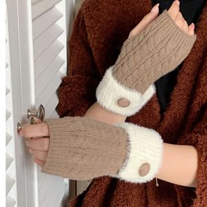 Cable Knit Fingerless Gloves with Faux Fur Trim and Button