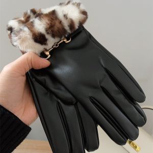 Faux Fur Leopard Trim Eco Leather Gloves with Gold Detail