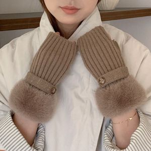 Faux Fur Knit Fingerless Button Gloves