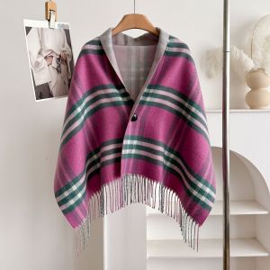 Light Plaid Fringe Poncho Cape Wrap