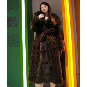 Chocoalte Leopard Print Long Coat with Faux Fur Trim & Belt