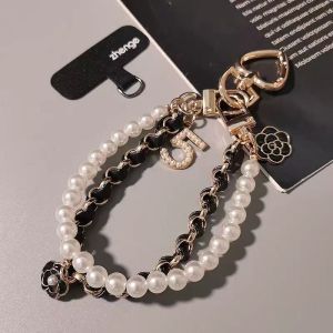Pearl & Black Chain Charm Wrist Phone Strap