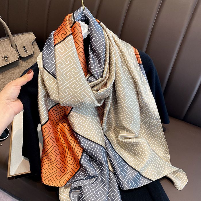 Luxurious G Print Satin Scarf in Beige/Orange TT329