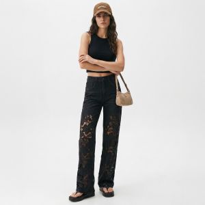 Black Wide Leg Jeans with Lace Patchwork & Pearl