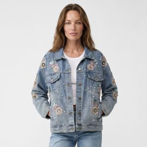 Floral Embroidered Denim Jacket with Pearls