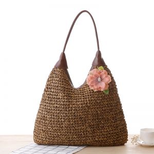A167 natural straw bag with flower detail in dark Brown