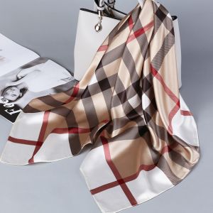 F749 Check print square silky neck scarf in Taupe