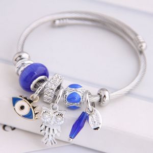 EUR327 Evil eye and owl charm bangle in Navy