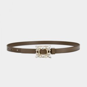 BEL044 Crystals buckle leather slim belt in Brown
