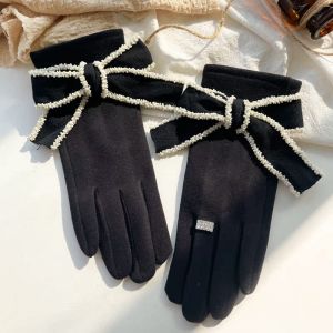 Stylish Gloves with Beaded Bows in Black HA304