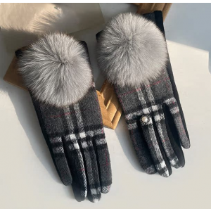 Checks Winter Gloves with Faux Fur Pompom in Grey HA308