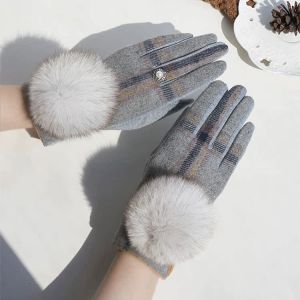 Checks Winter Gloves with Faux Fur Pompom in Silver HA308