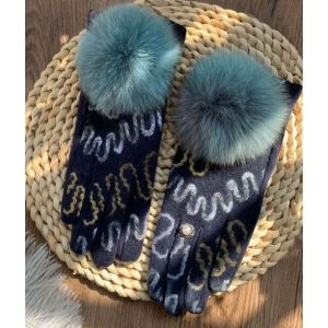 Embroidered Gloves with Faux Fur Poms in Grey HA303