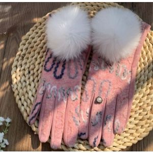 Embroidered Gloves with Faux Fur Poms in Pink HA303