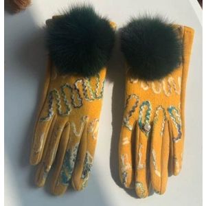 Embroidered Gloves with Faux Fur Poms in Mustard HA303