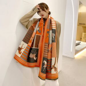 Equestrian Print Wool Scarf in Orange WS043