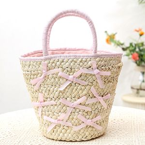 A166 Natural straw bag with baby Pink ribbon (medium- small)