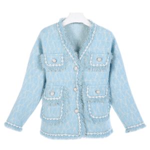 SDK137 frilly edge super soft warm cardigan in pale Blue
