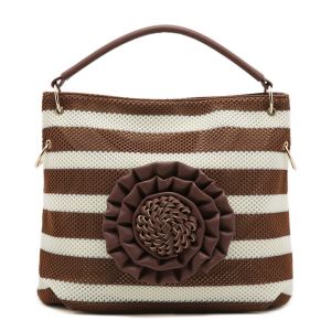 Large Striped Bag with 3D Floral Detail