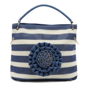 Large Striped Bag with 3D Floral Detail