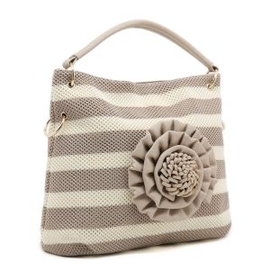 Large Striped Bag with 3D Floral Detail