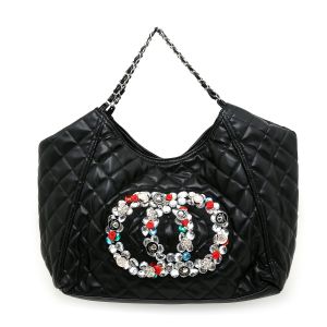 3068 Crystal jewelled quilted large shoulder bag in Black