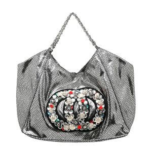 3068 Crystal jewelled quilted large shoulder bag in Silver