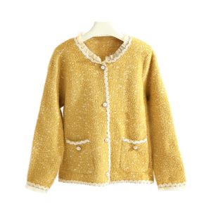 SKI055 pure tweed jacket with delicate lacy detail in Gold