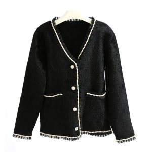 SKI041 Cardigan with pearls and lace detail in Black