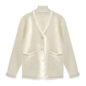 SKI041 Cardigan with pearl and lace detail in Cream