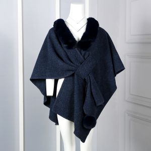 PE363 Faux fur collar and pompom cape poncho in Navy
