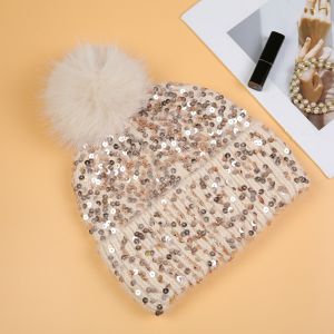 Dazzling Sequin Balaclava Pompom Hat in Beige SD117